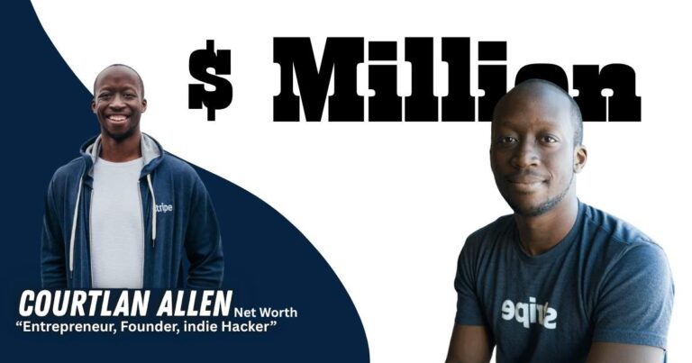 Courtland Allen net worth 2026 infographic showing Indie Hackers income, Stripe acquisition and entrepreneur earnings growth