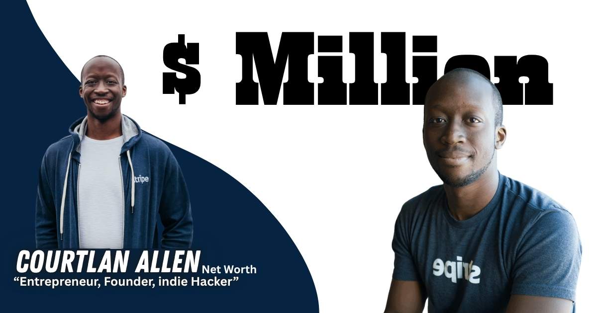 Courtland Allen net worth 2026 infographic showing Indie Hackers income, Stripe acquisition and entrepreneur earnings growth