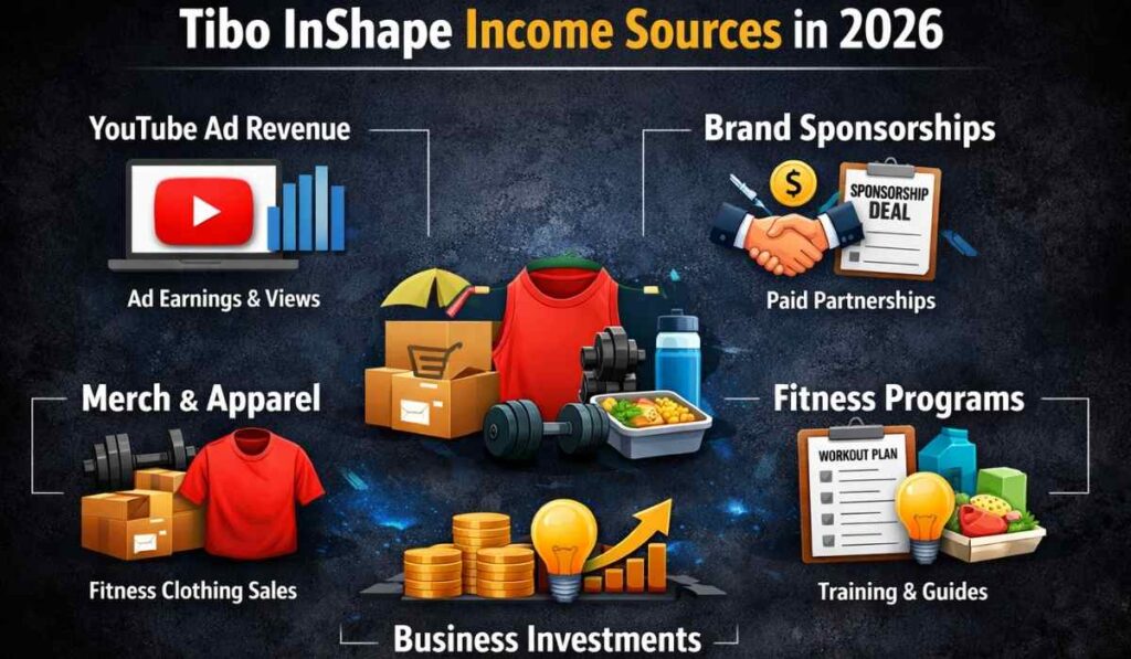 Tibo InShape income sources 2026 showing YouTube earnings, sponsorships, merchandise and fitness business revenue