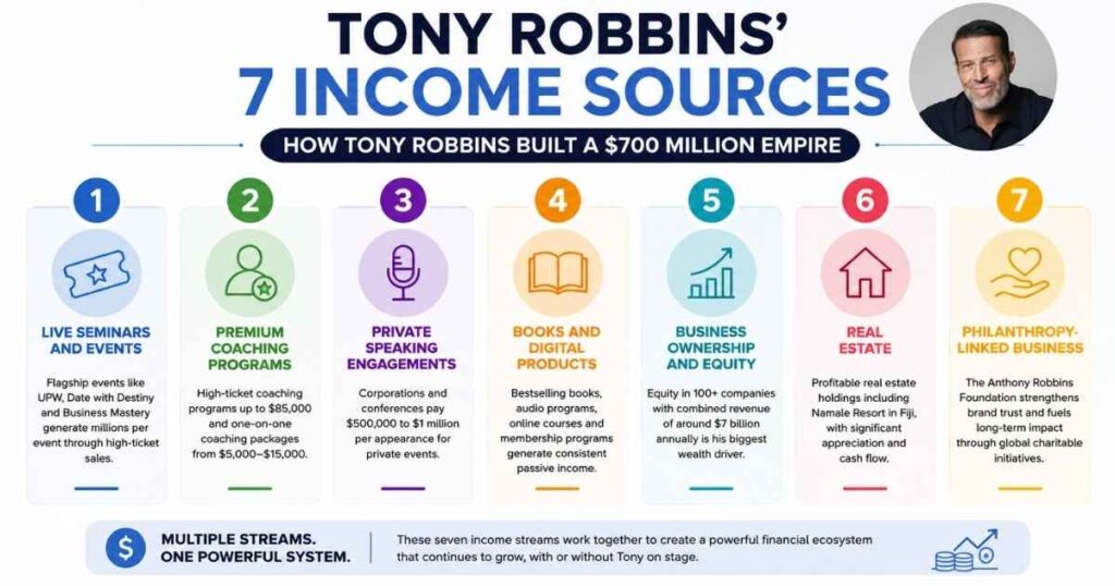 Tony Robbins income sources infographic explaining how Tony Robbins earns money through live seminars, coaching programs, business investments, books, real estate, and digital products in 2026Select 67 more words to run Humanizer.