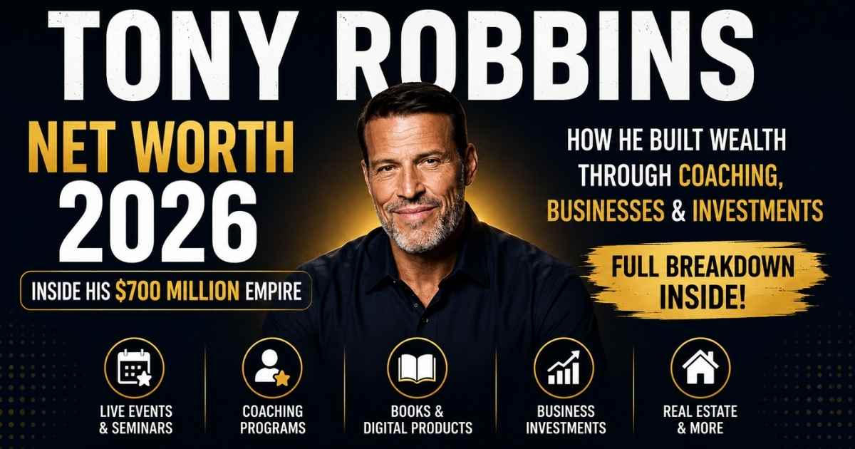 Tony Robbins net worth 2026 feature image showing Tony Robbins and his $700 million business empire built through coaching, investments, seminars, and entrepreneurship
