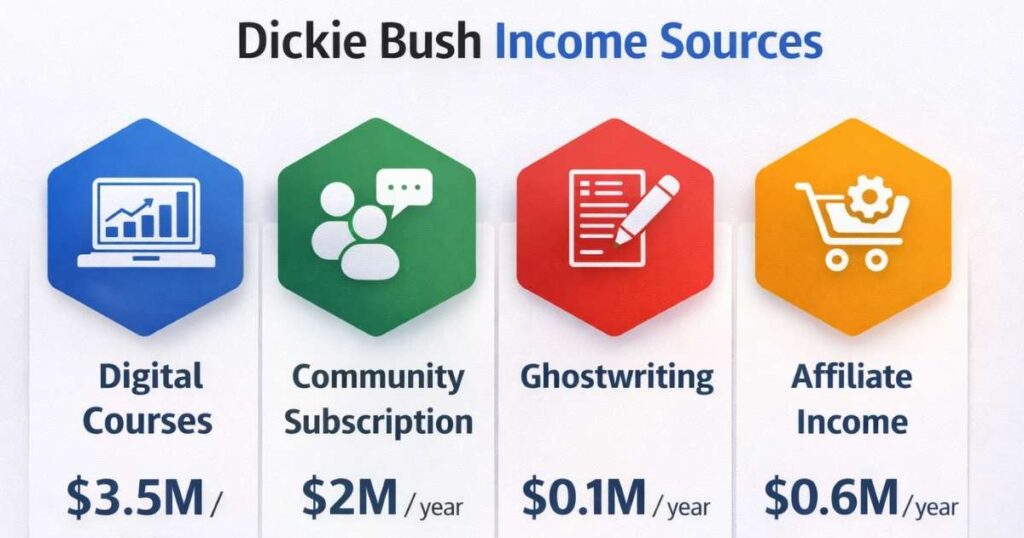 Dickie Bush income sources breakdown including writing courses and Ship 30 for 30 program