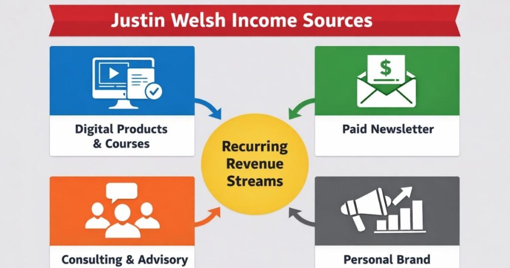 Justin Welsh income sources infographic showing digital products, paid newsletter, and consulting revenue