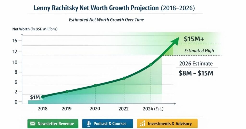 Lenny Rachitsky net worth growth chart from 2018 to 2026