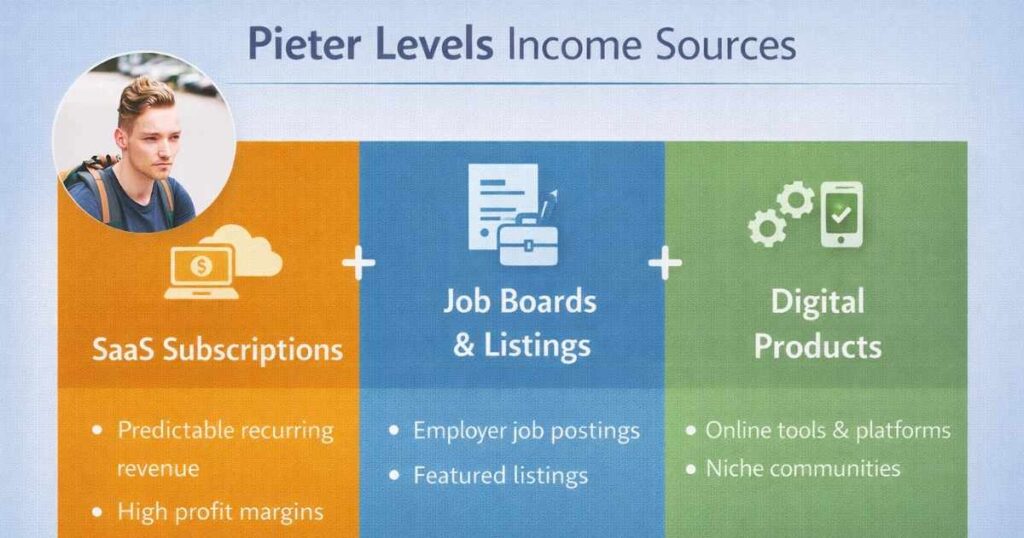 Pieter Levels income sources SaaS subscriptions job boards and digital products