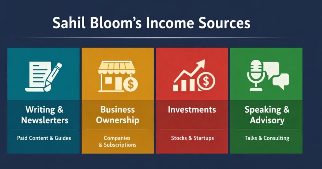 Sahil Bloom income sources infographic showing writing, businesses, investments, and speaking revenue
