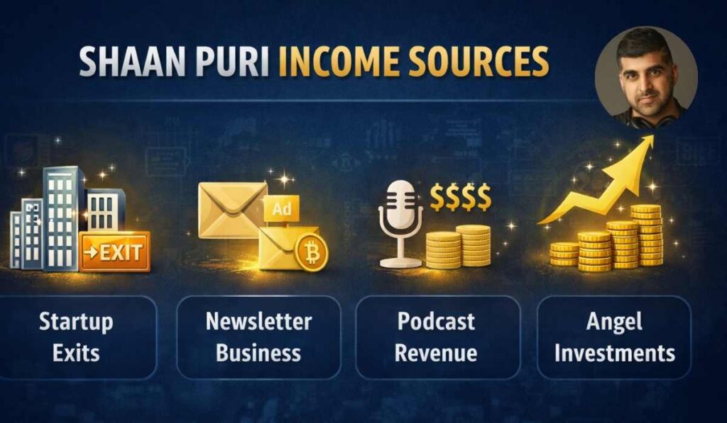 Shaan Puri income sources infographic showing startup exits, newsletter business, podcast revenue, and angel investments