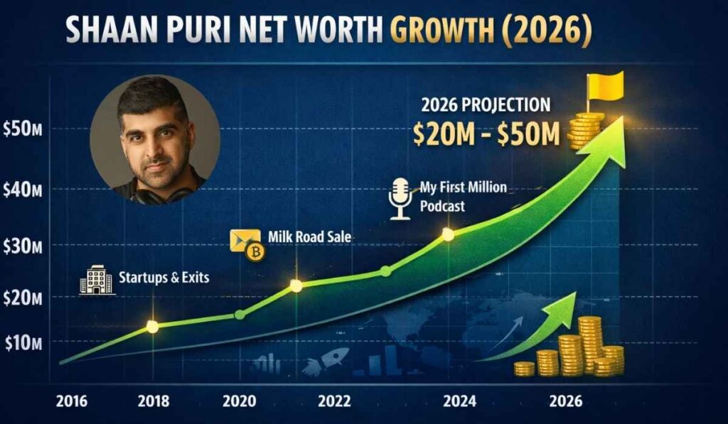 Graph of Shaan Puri net worth growth highlighting startup exits, Milk Road sale, and podcast income up to 2026