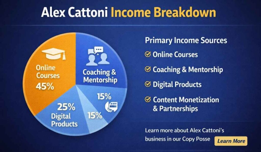 Alex Cattoni income breakdown showing revenue from online courses, coaching, digital products, and content monetization