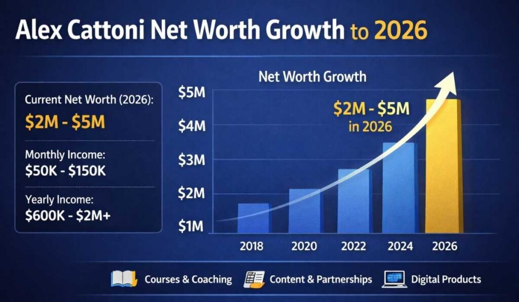 Alex Cattoni net worth growth chart from 2018 to 2026 showing estimated rise from early career to $2M–$5M through Copy Posse and online courses