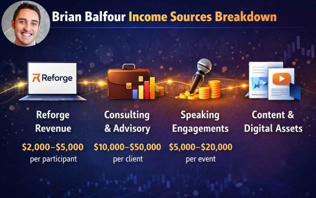 Brian Balfour income sources breakdown including Reforge revenue, consulting fees, speaking income, and digital assets earnings