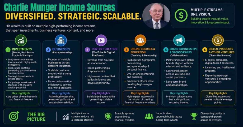Charlie Munger Income sources breakdown 2026 – investments, businesses, content, and digital products