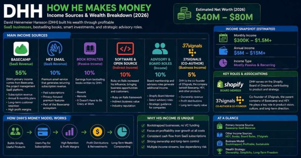 DHH income sources infographic showing Basecamp revenue, HEY email subscriptions, book royalties, and SaaS earnings breakdown