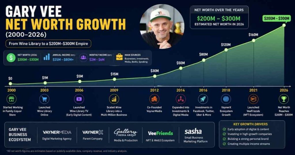 Gary Vee net worth growth chart 2000 to 2026 from $0 to $300M