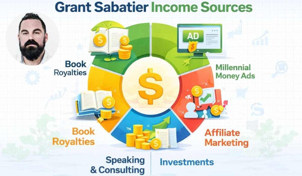 Grant Sabatier income sources infographic showing Millennial Money earnings, book royalties, affiliate marketing, investments, and consulting income