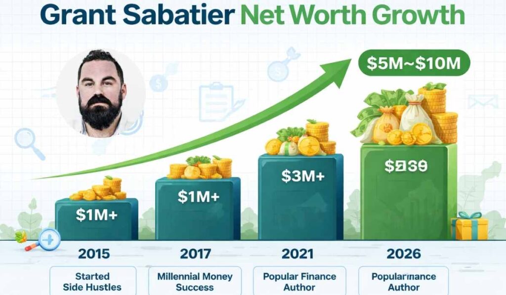 Grant Sabatier net worth growth chart 2015 to 2026 showing rise from side hustles to $5M–$10M financial independence