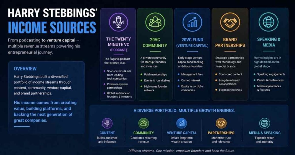 Harry Stebbings income sources breakdown 2026 including venture capital, podcast sponsorships and investments
