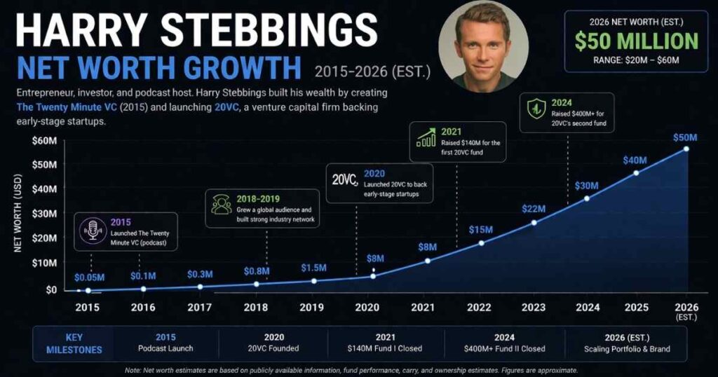 Harry Stebbings net worth growth chart 2015 to 2026 showing rise from startup podcast to 20VC investor