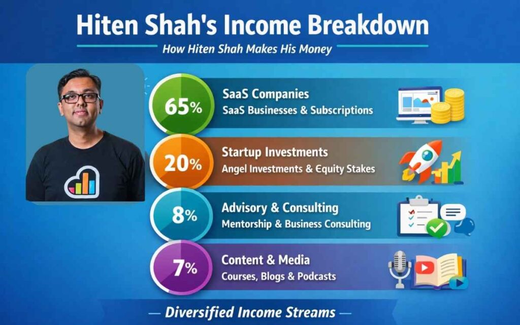 Hiten Shah income sources breakdown 2026 showing SaaS businesses, startup investments, advisory consulting, and content revenue percentages