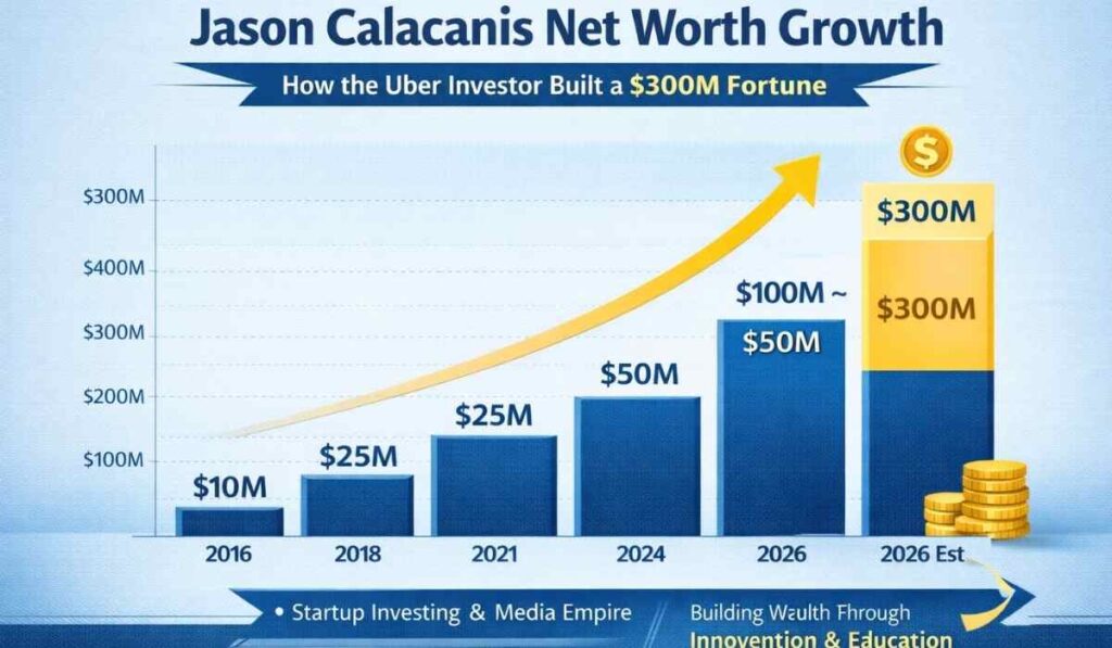 Jason Calacanis net worth growth chart 2016 to 2026 showing rise from $10M to $300M through Uber investment and venture capital success