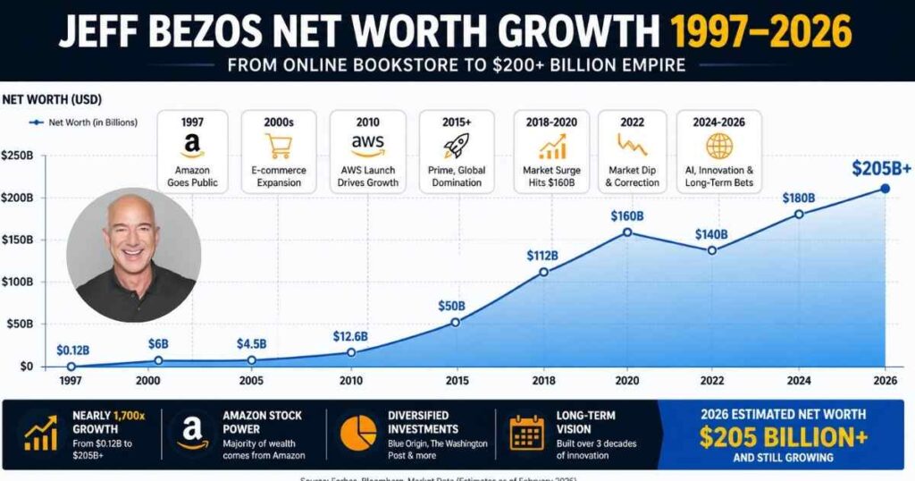 Jeff Bezos net worth growth chart from 1997 to 2026 showing rise to over $200 billion