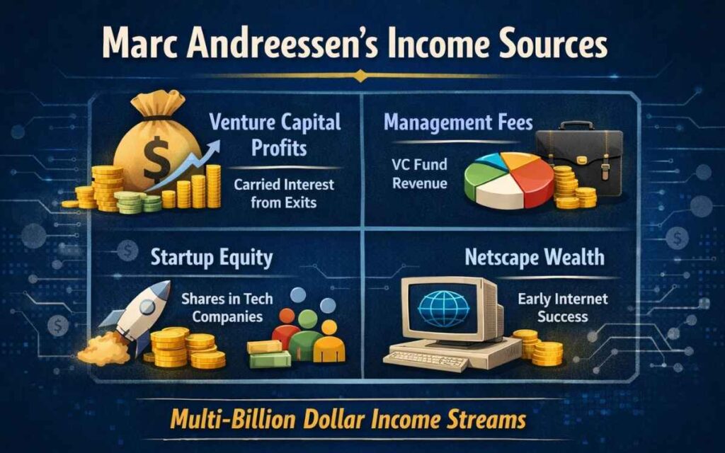 Marc Andreessen income sources venture capital profits startup equity breakdown