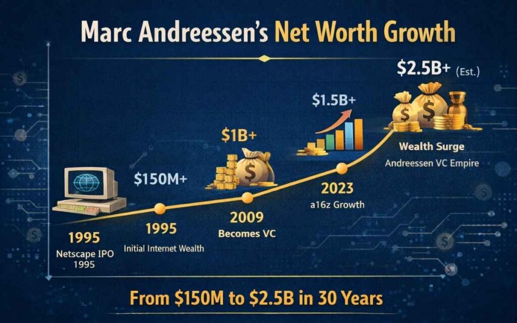 Marc Andreessen net worth growth from Netscape to $2.5 billion 2026