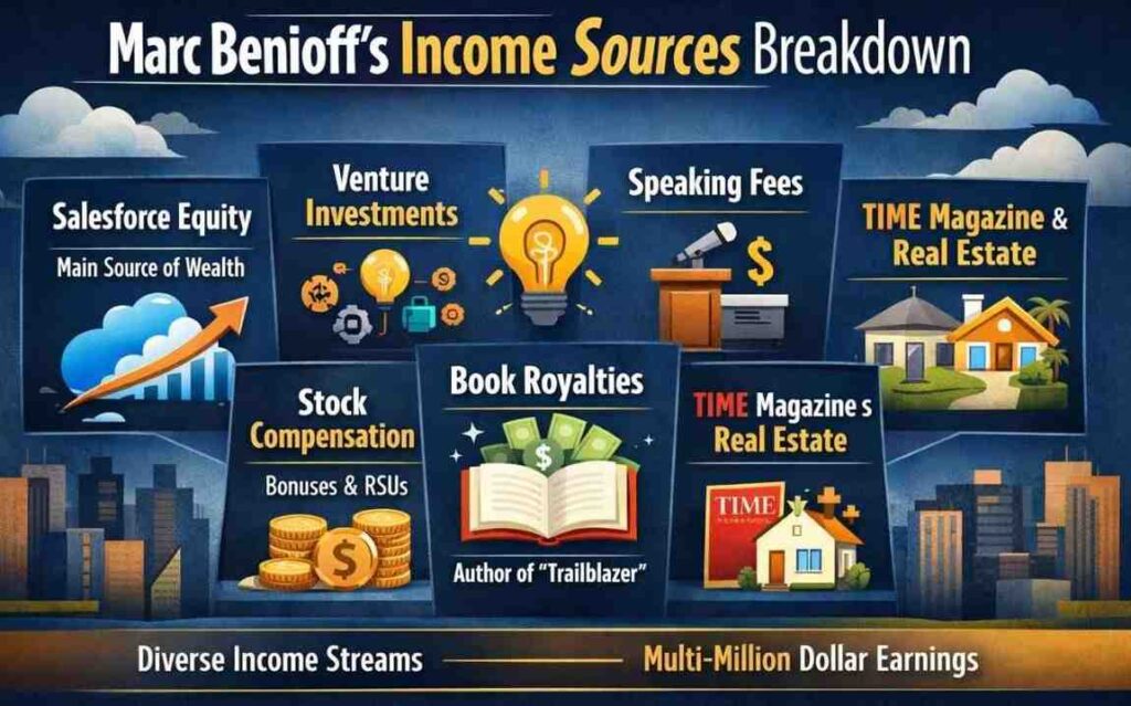 Marc Benioff income sources breakdown showing Salesforce equity, investments, salary, book revenue, and assets