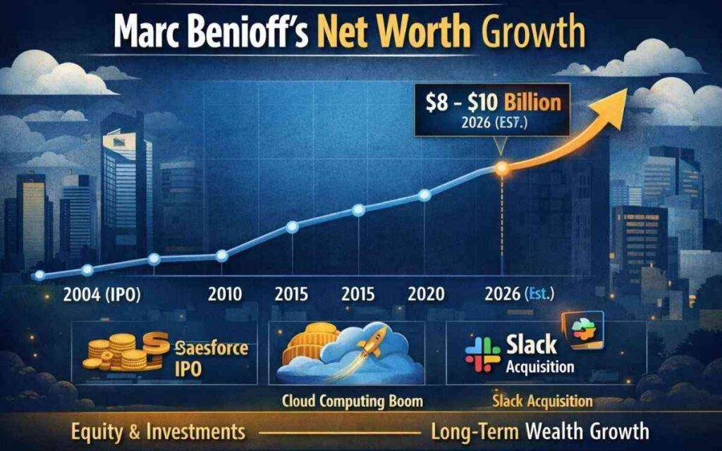 Marc Benioff net worth growth chart from 2004 IPO to 2026 showing rise to 8.2 billion