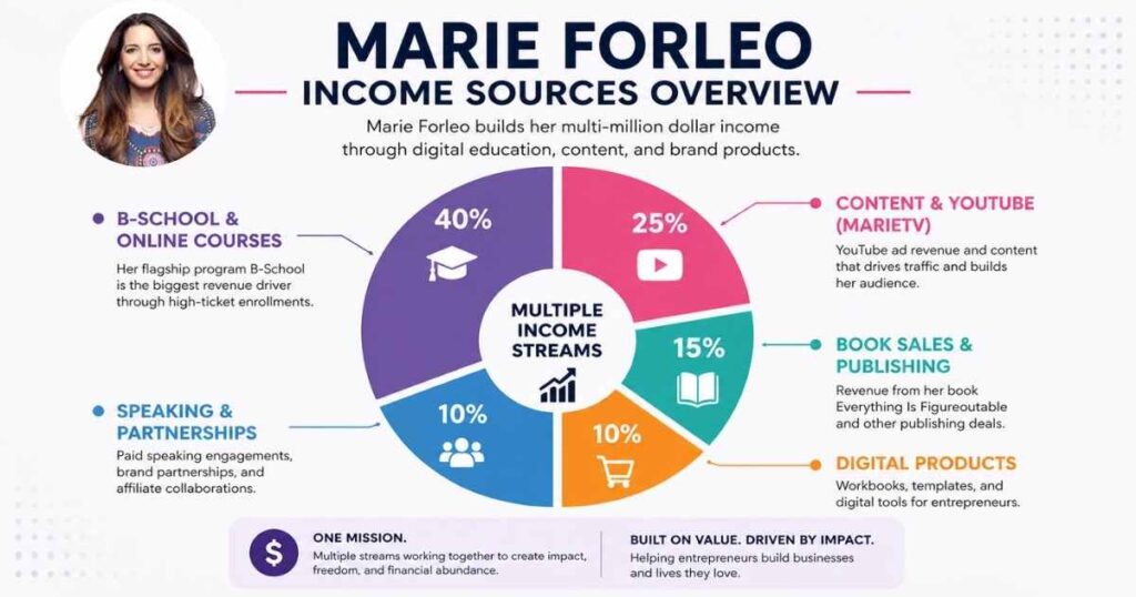 Marie Forleo income sources B-School MarieTV books and courses