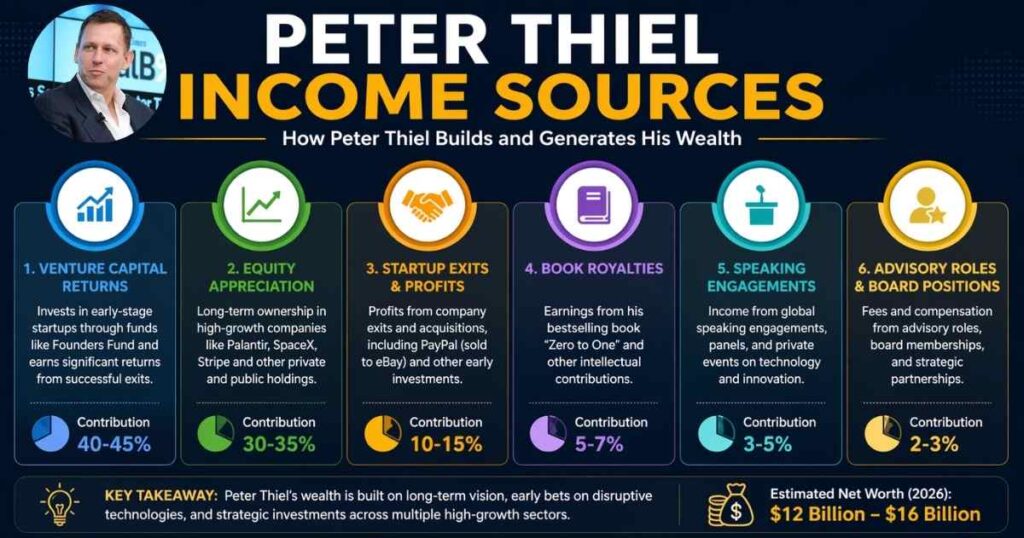 Peter Thiel income sources breakdown venture capital equity and investments