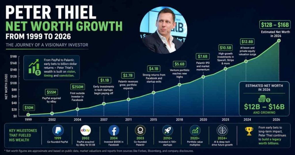 Peter Thiel net worth growth chart 1999 to 2026 showing rise to $16B