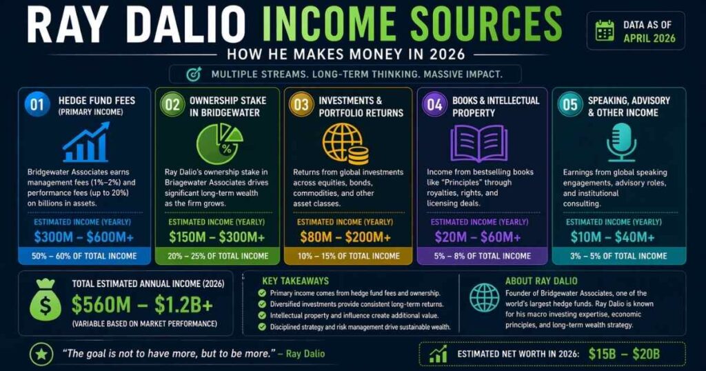 Ray Dalio income sources hedge fund fees and investments