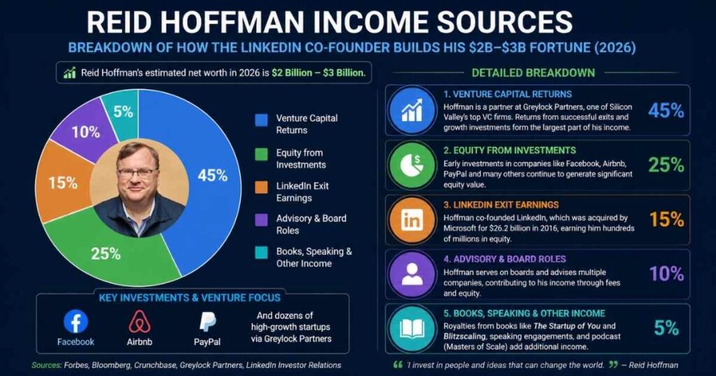 Reid Hoffman income sources breakdown showing $3B wealth strategy