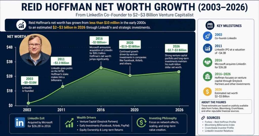 Reid Hoffman net worth growth from LinkedIn to $3B in 2026