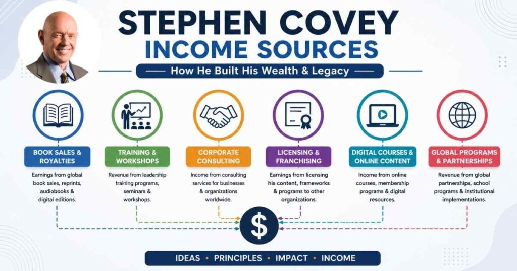 Stephen Covey income sources books royalties training licensing infographic