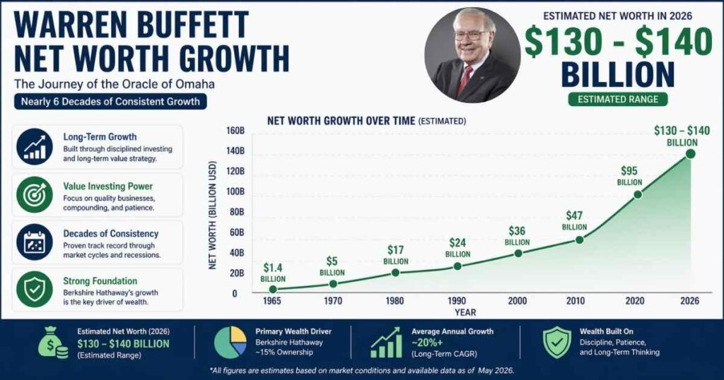 Warren Buffett net worth growth chart 1965–2026 reaching $140 billion