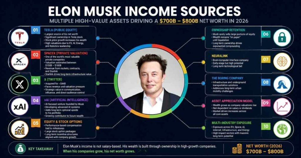 Elon Musk income sources infographic showing Tesla, SpaceX, xAI, and equity-based earnings breakdown