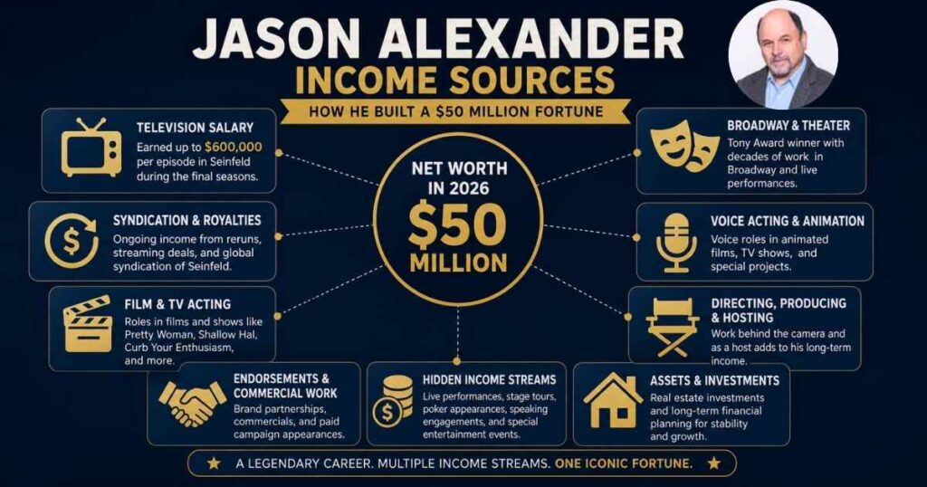 Jason Alexander income sources breakdown from acting, Seinfeld royalties, and directing