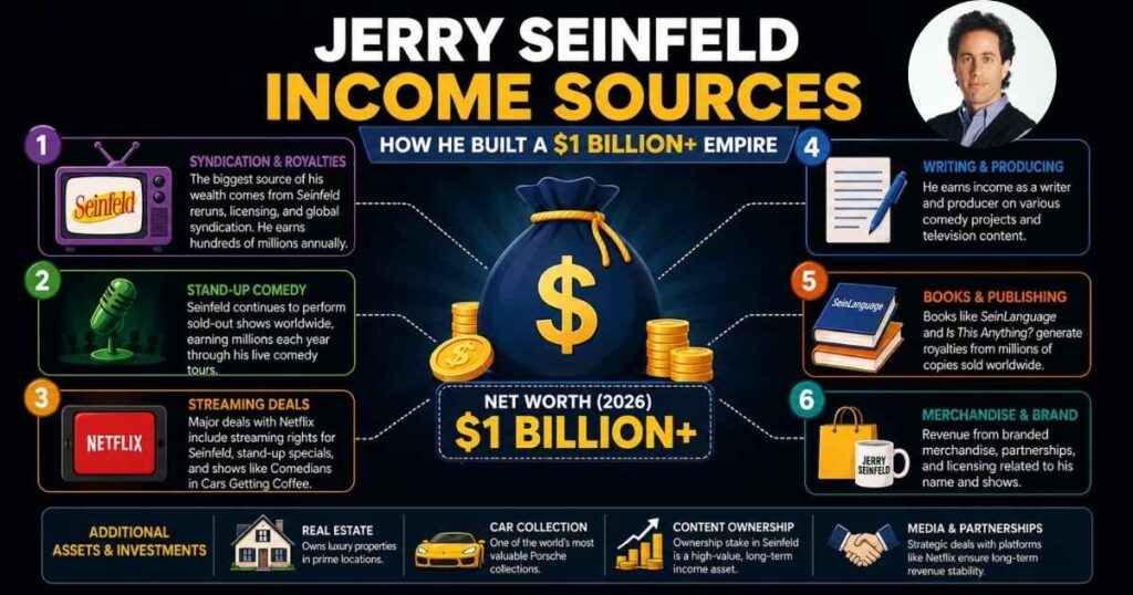 Infographic showing Jerry Seinfeld income sources including Seinfeld TV royalties, stand-up comedy, syndication deals, and business investments.