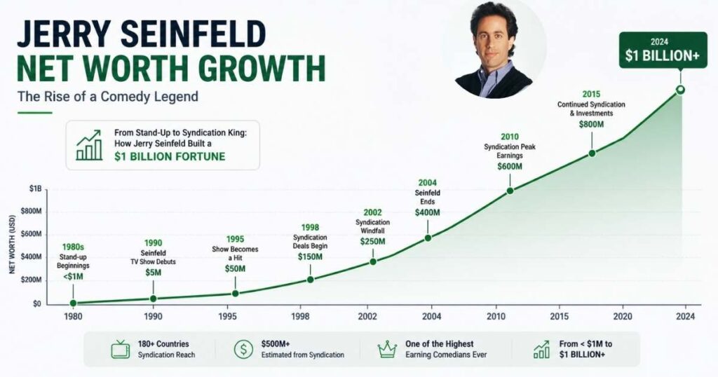 Line chart illustrating Jerry Seinfeld’s net worth growth over time, highlighting key milestones from early career to reaching billionaire status.