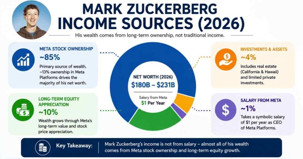 Mark Zuckerberg income sources breakdown showing Meta stock ownership, salary, and equity-based wealth model