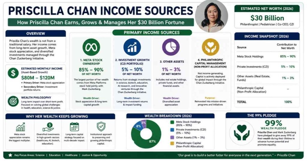 Priscilla Chan income sources breakdown infographic including Meta stock ownership, investment portfolio returns, and philanthropic capital managed through Chan Zuckerberg Initiative