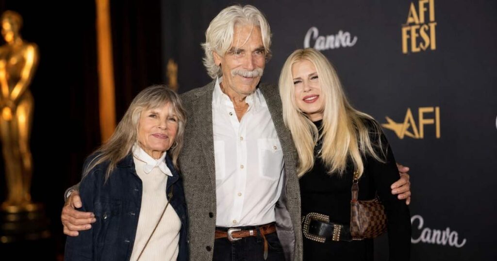 Sam Elliott posing at a Hollywood award event with his wife and only daughter 