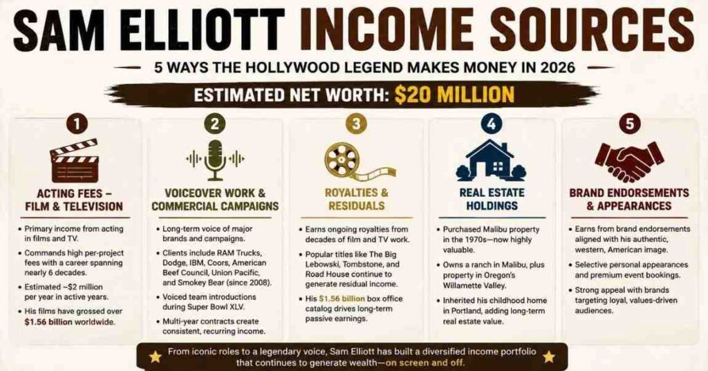 Sam Elliott income sources and wealth breakdown infographic