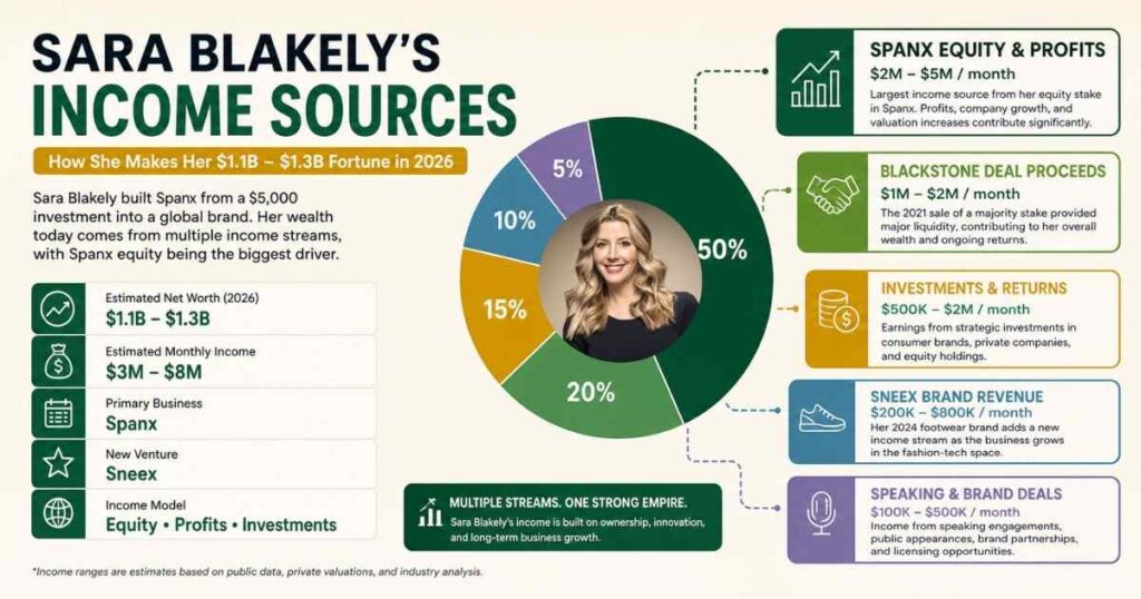 Sara Blakely income sources breakdown in 2026 including Spanx equity ownership, investments, Sneex brand, speaking engagements, and business profits with percentage distribution