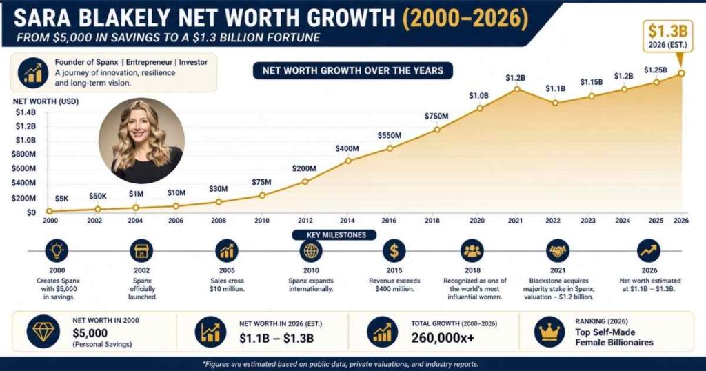 Sara Blakely net worth growth chart from 2000 to 2026 showing financial rise from $5,000 savings to an estimated $1.1–$1.3 billion driven by Spanx success and business expansion