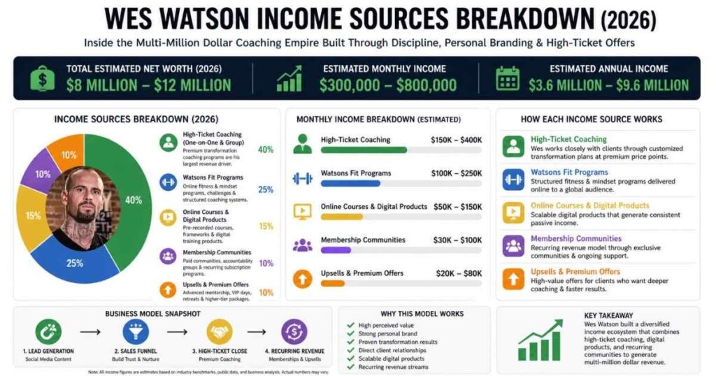 Wes Watson income sources infographic showing earnings from coaching programs, YouTube, speaking engagements, and fitness business ventures