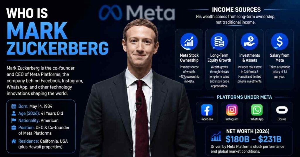 Mark Zuckerberg biography summary showing Facebook founder education, Meta CEO role, and personal background